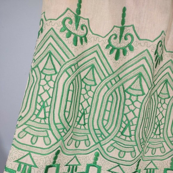 Madison Women's L Beige Linen Skirt Green Embroidery Elastic Waist Lined Boho - Picture 3 of 10
